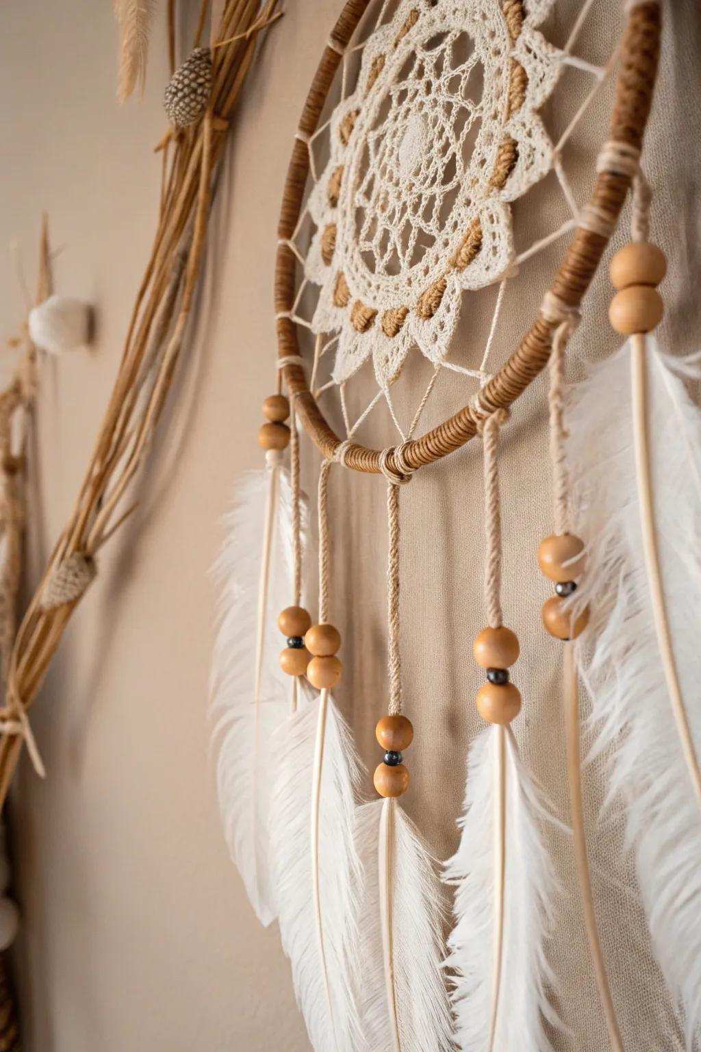 Embrace bohemian sophistication via this exquisite crochet dreamcatcher wreath, imparting a soupcon of artistry upon any serene area.