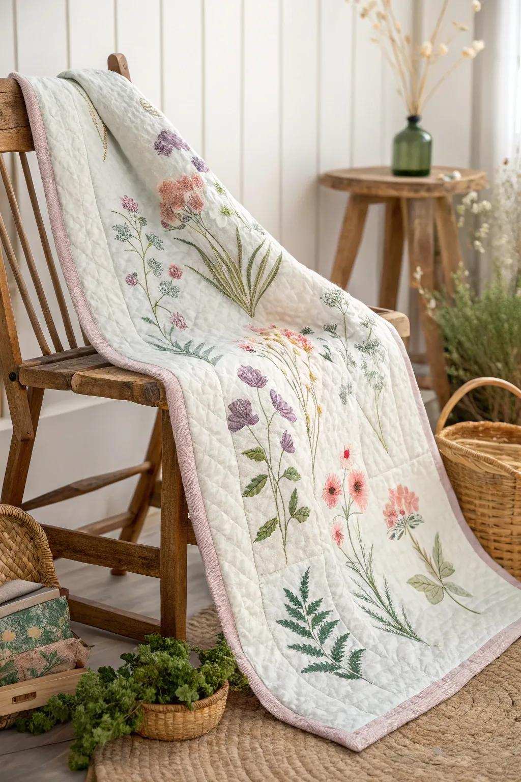 Embrace nature's charm with the Wild Bloom Whimsy quilt, where spontaneity meets craftsmanship.