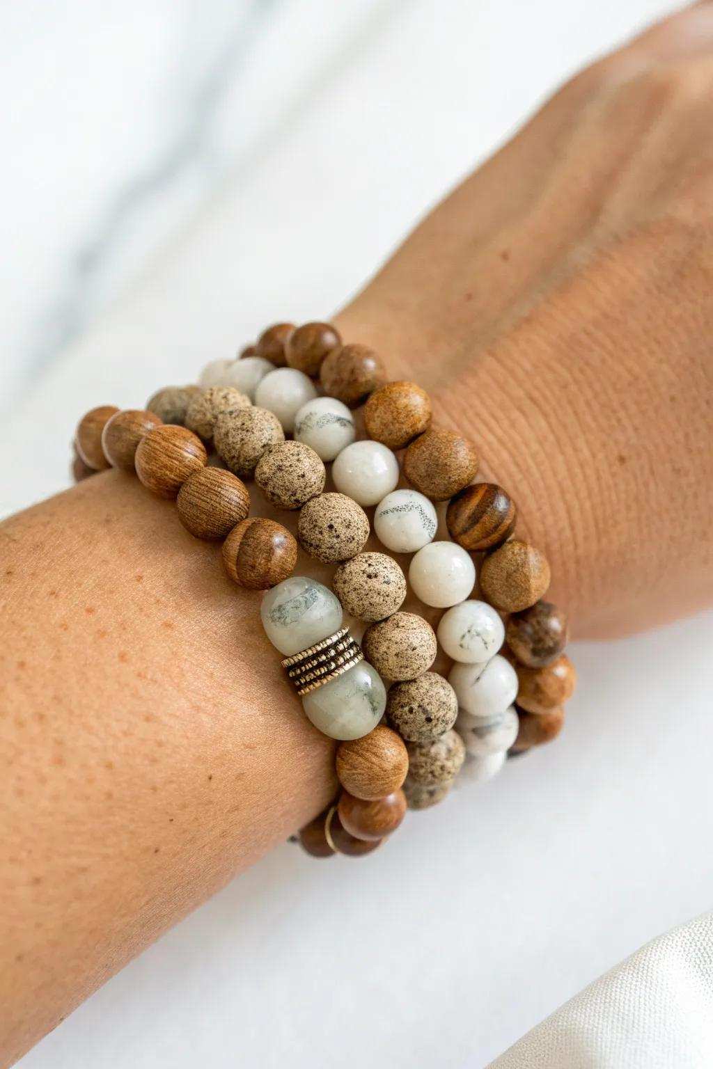 Embrace nature's elegance by using a beautifully layered wrist accessory stack.