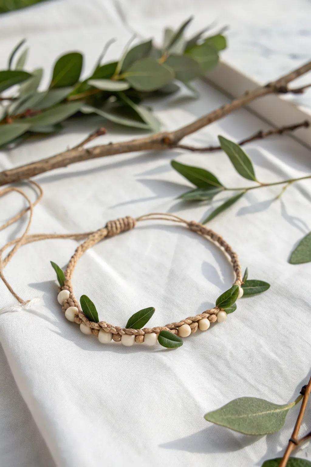 Embrace nature's hint with handmade twig and leaf bracelets for children.