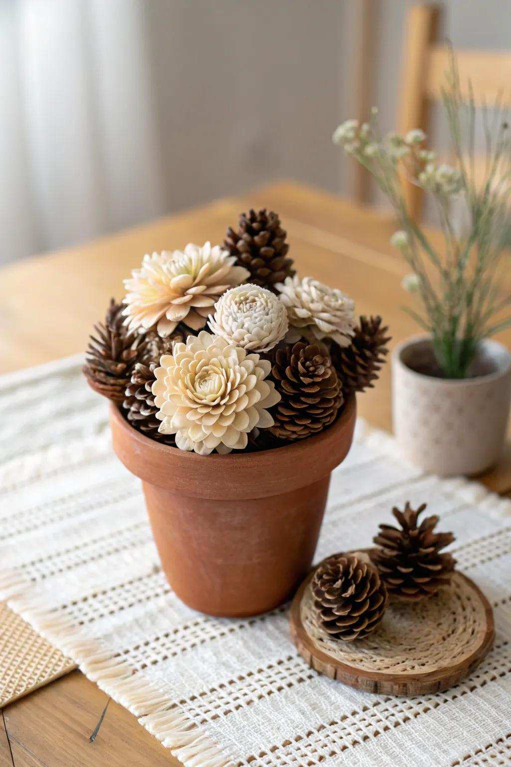Embrace nature’s ingenuity with these delightful pinecone plant containers, masterfully adding a touch of refinement to your decor.