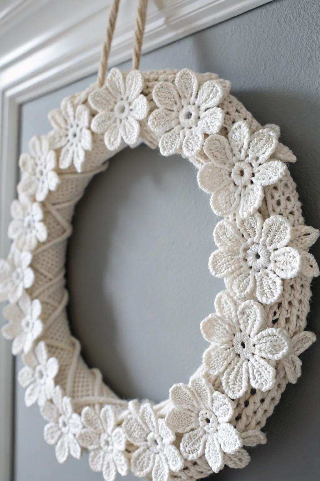 Embrace simplicity through a monochrome crochet wreath that articulates magnitude in elegance and artistry.