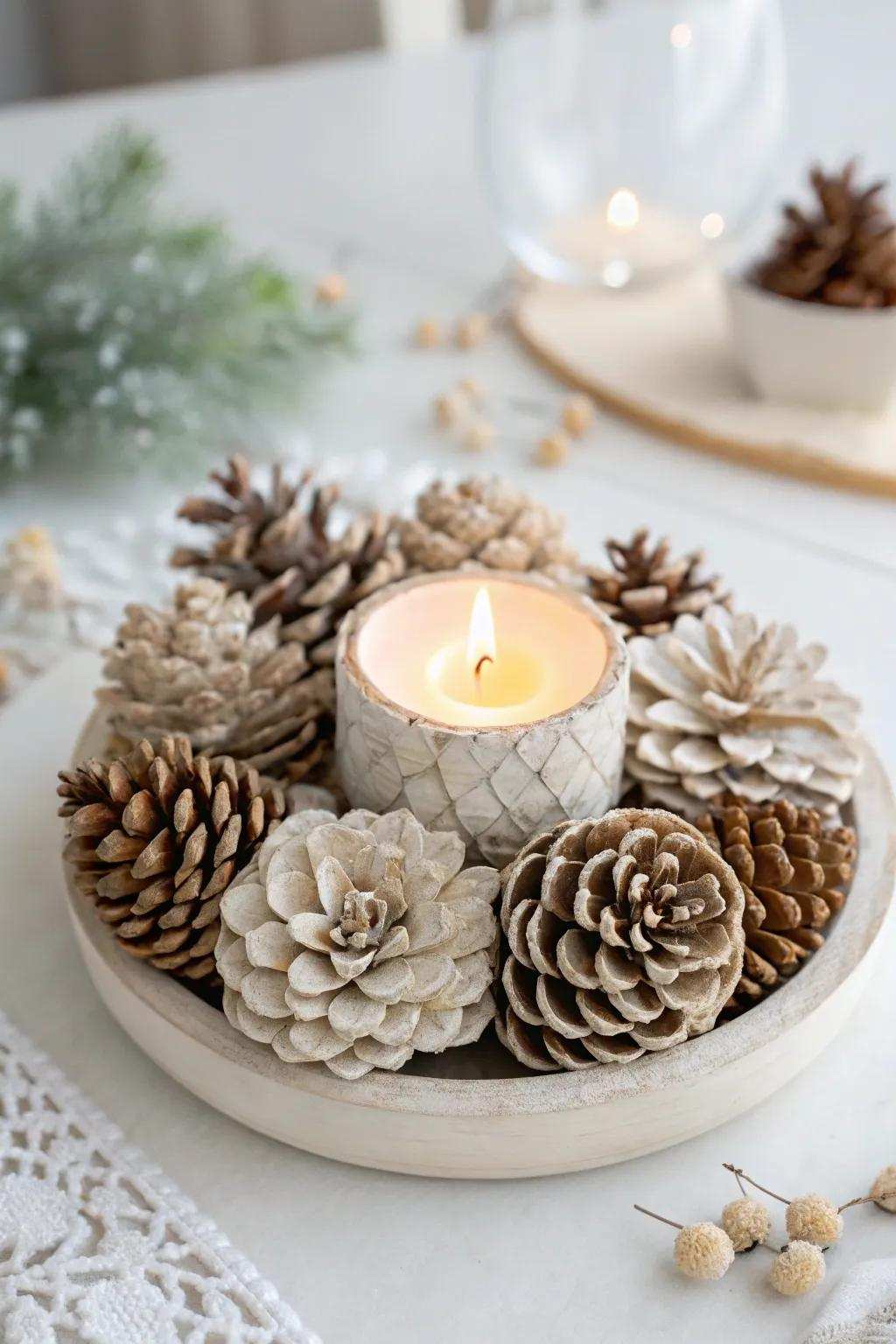 Embrace snug sophistication with pinecone floret luminary holders that introduce warmth and artistry to your abode.