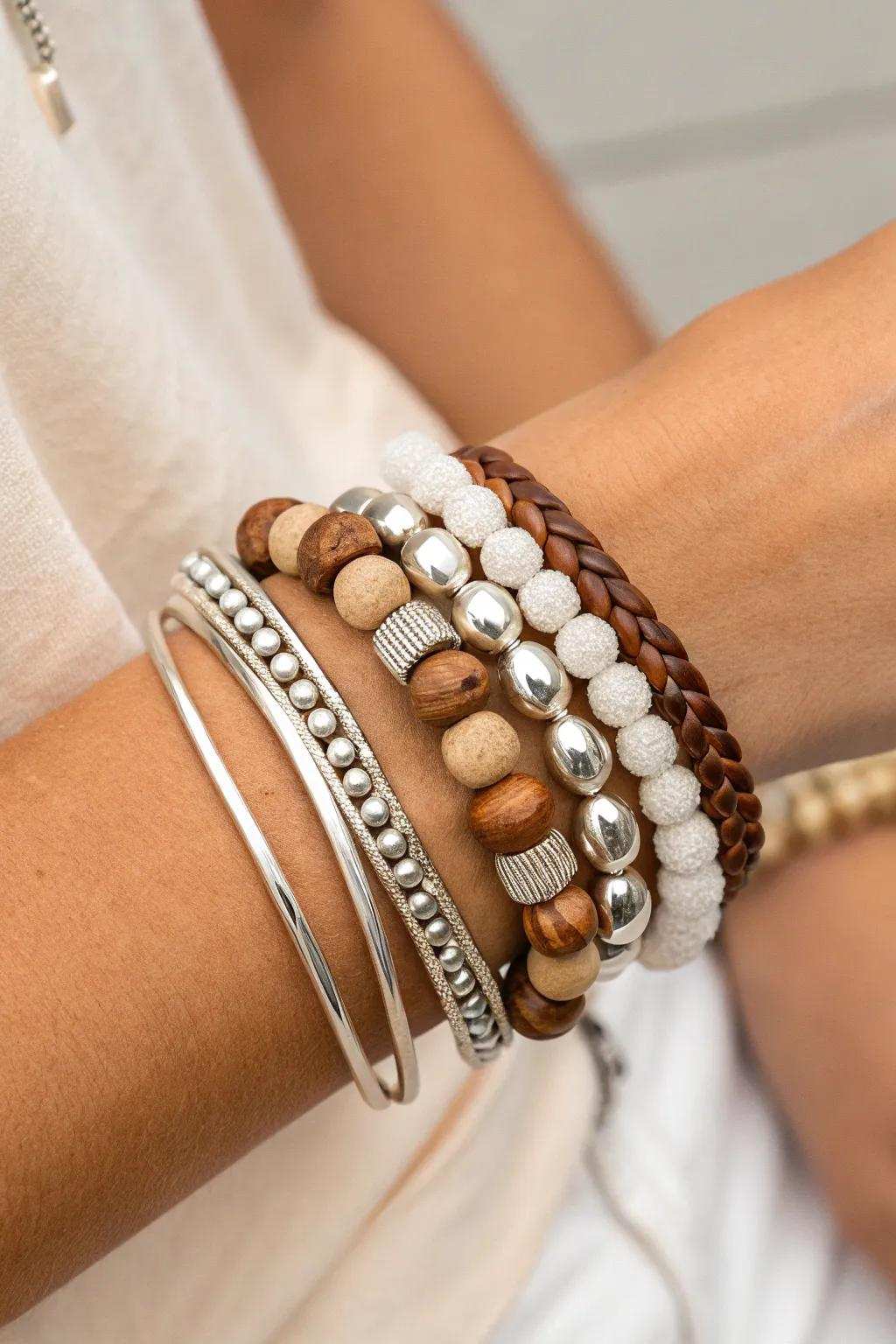 Embrace the art of unexpected layering by using minimalist wristbands that make a subtle yet striking statement. #WristAccessoryLayering #ScandiBoho