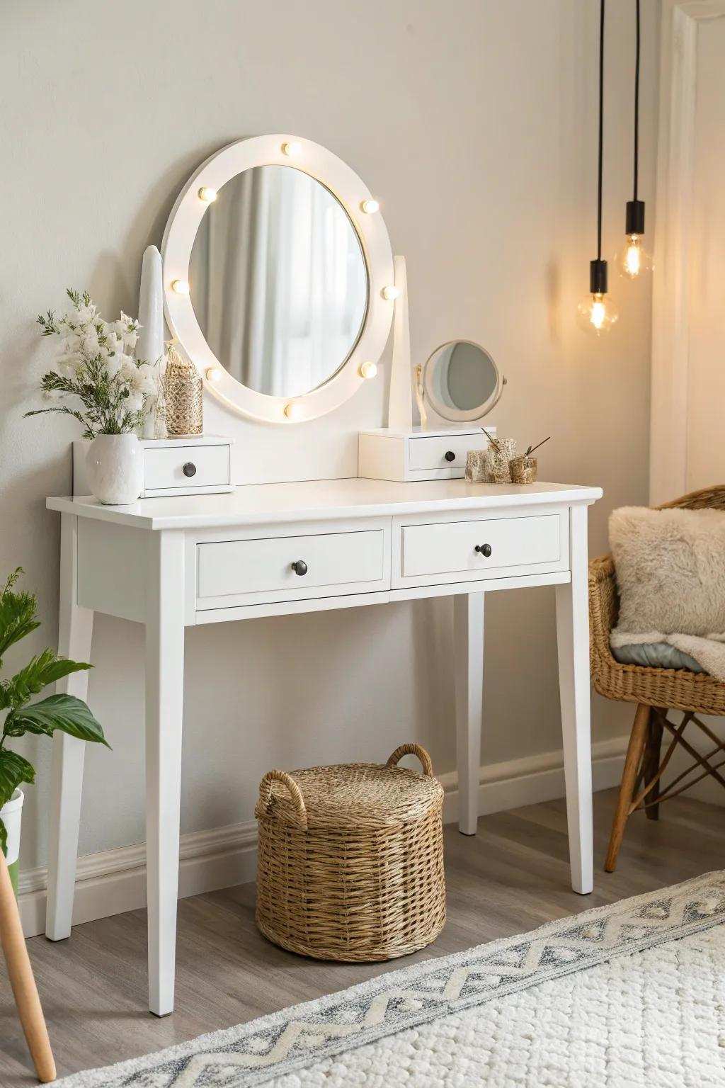 Embrace the elegance of simplicity with this timeless, minimalist makeup dressing table.