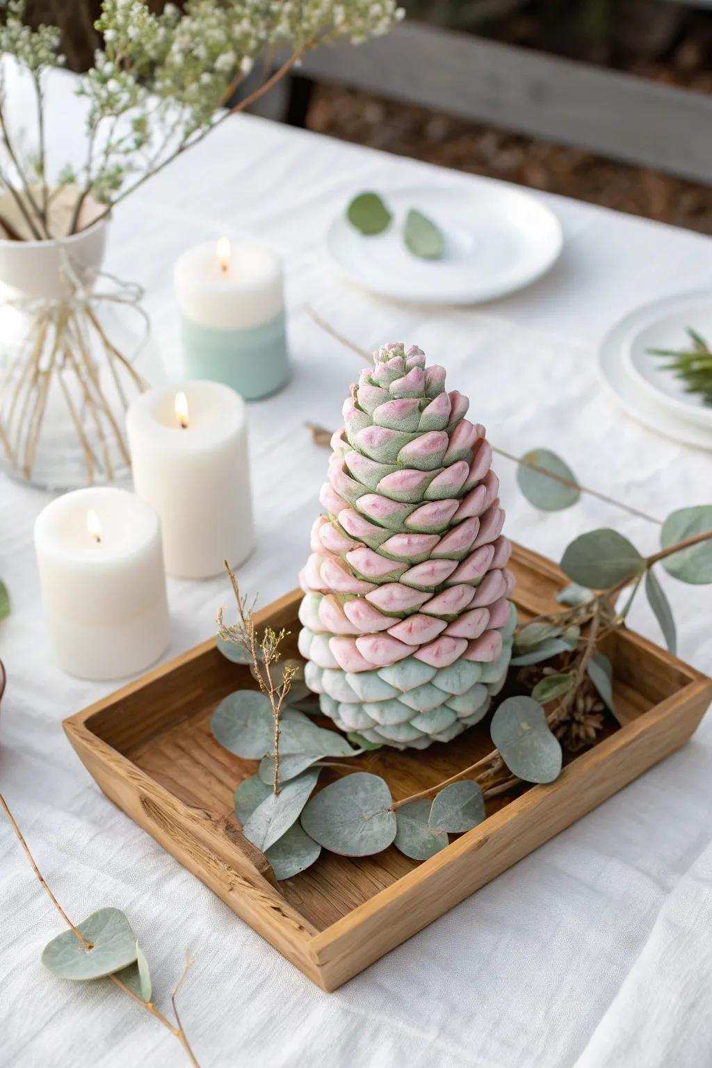 Embrace the elegance of understatement with this pastel pinecone centerpiece, ideal for enhancing your table’s grace.