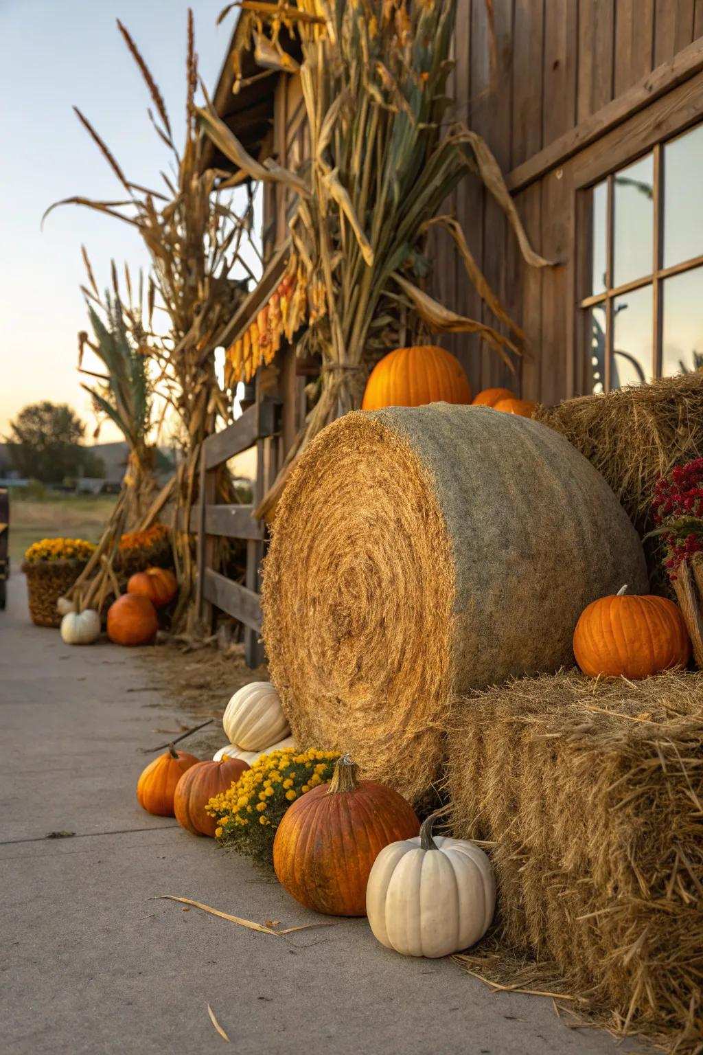 Embrace the enduring elegance of autumn through an exemplary harvest-themed hay bale presentation.