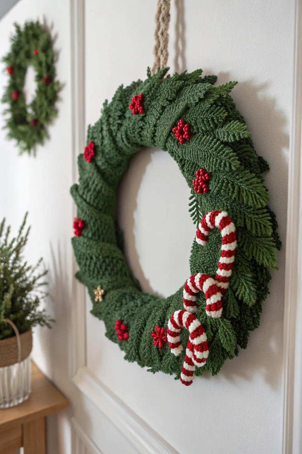 Embrace the jubilant essence via this endearing crochet Yuletide wreath, a seamless amalgamation of sophistication and artisanal tenderness.