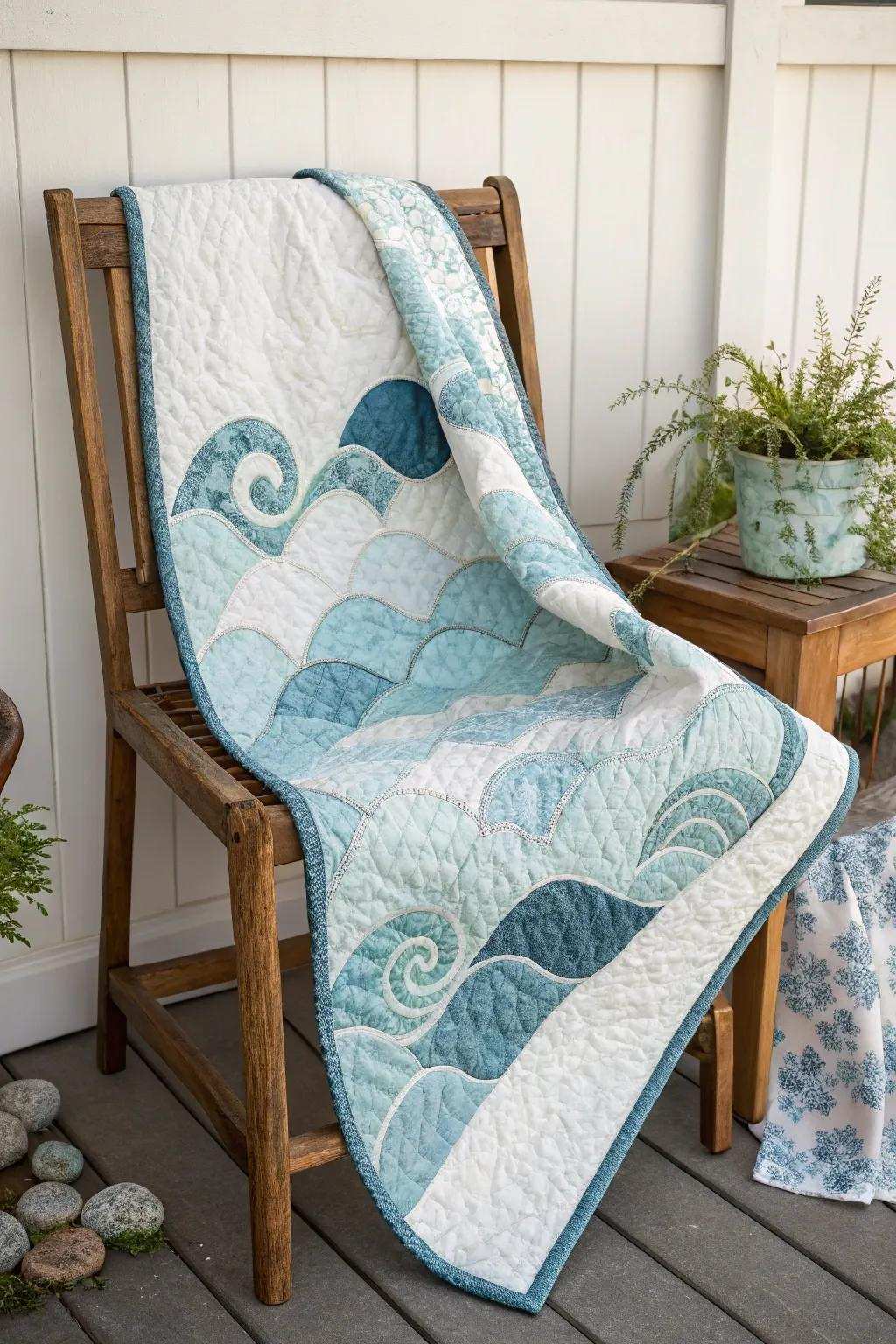 Embrace the serenity of the sea through this Maritime Surges quilt design, a flawless fusion of minimalist beauty and boho flair.