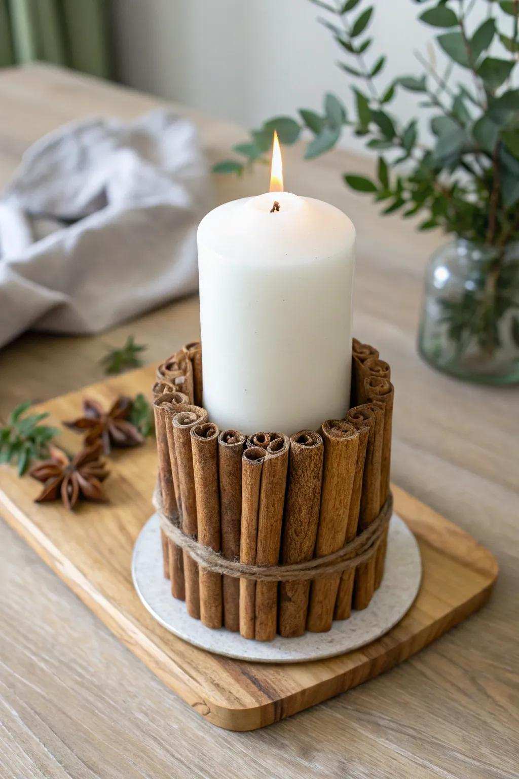 Embrace the warmth of the season with a handmade cinnamon rod candle platform, adding a fragrant and stylish touch to your minimalist holiday decor.