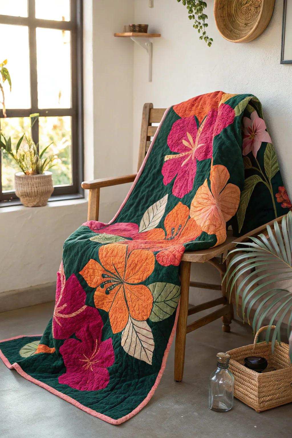 Embrace tropical tranquility with the Exotic Bloom Coordination quilt, where vibrant blooms meet minimalist elegance.