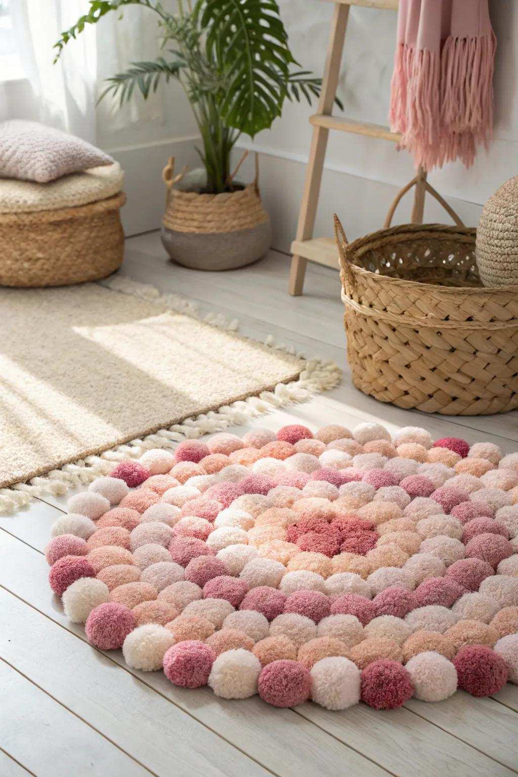 Embrace warm beauty with this charming rose pom-pom mat, ideal for adding a hint of crafted beauty to your simple space.