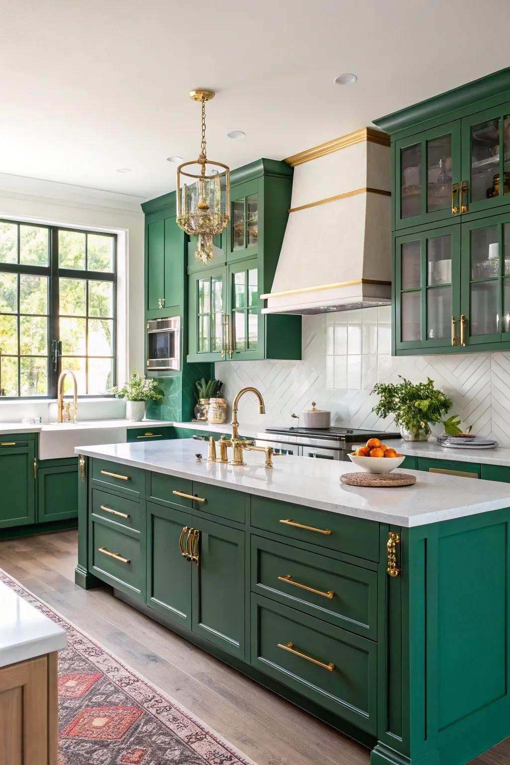 Emerald green cabinets fashion a striking and luxurious kitchen centerpiece.