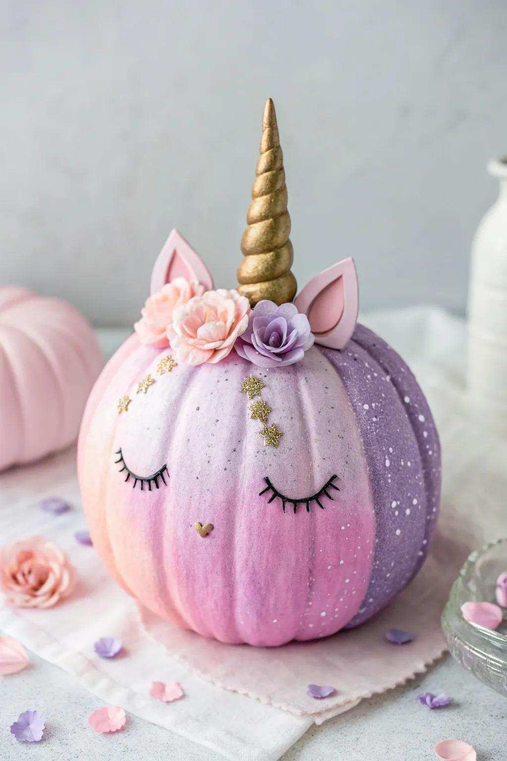 Enchant your autumn ornamentation with a charming unicorn pumpkin, where minimalist refinement converges with magical whimsy.