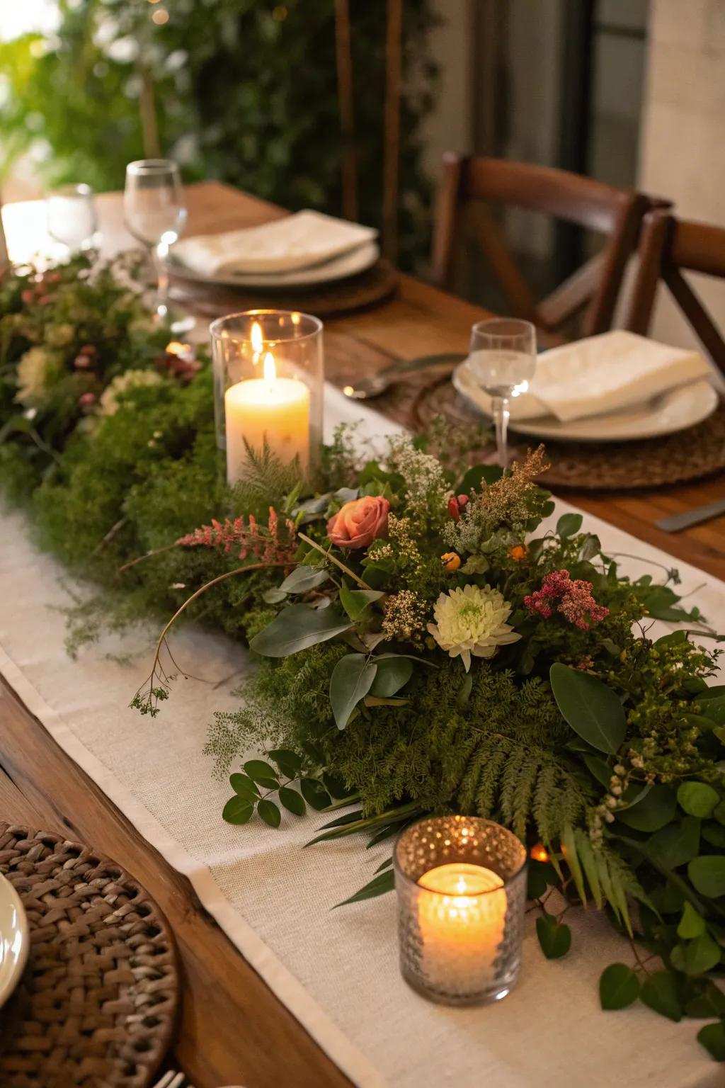 Energetic and natural using verdure as a centerpiece base.