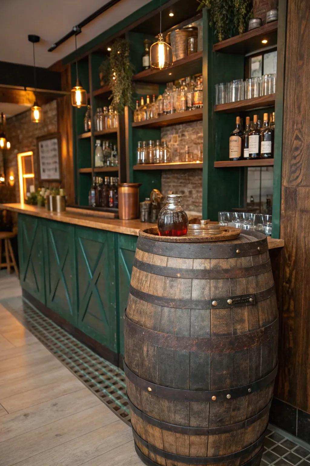 Enhance space using cask shelving that displays your collection using countryside flair.