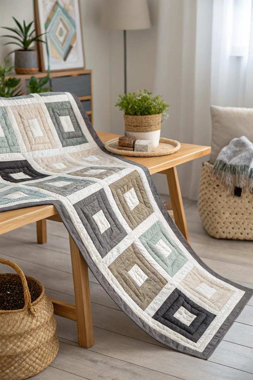 Enhance your area through the captivating charm of levitating rectangles within this jelly roll quilt masterpiece.