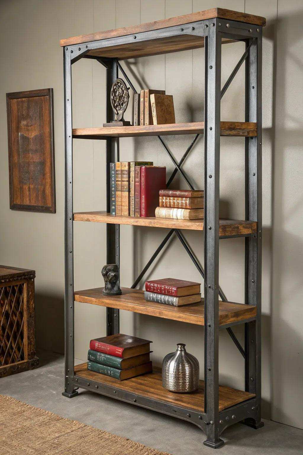 Enhance your area with this streamlined factory-inspired bookshelf, where rugged metal complements sophisticated timber.