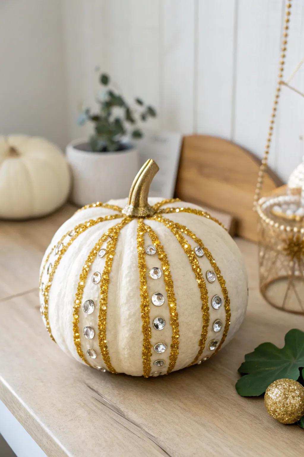 Enhance your autumn ornamentation with a hint of sophistication: a glittering gourd masterpiece.