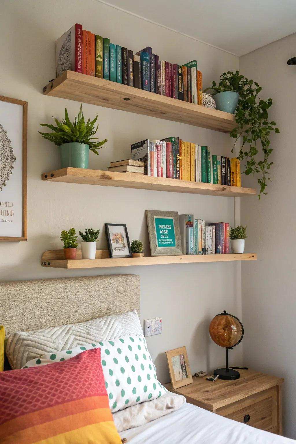 Enhance your bedroom's aesthetic through the use of practical wall-mounted shelves.