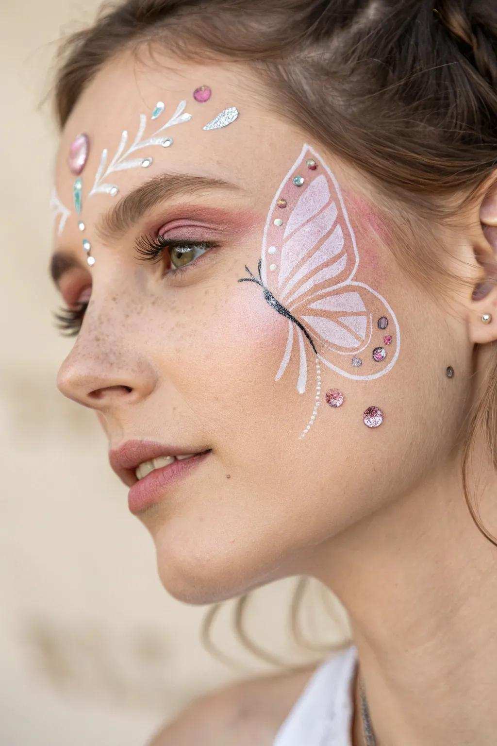 Enhance your butterfly face painting using twinkling jewels for a hint of whimsical elegance.