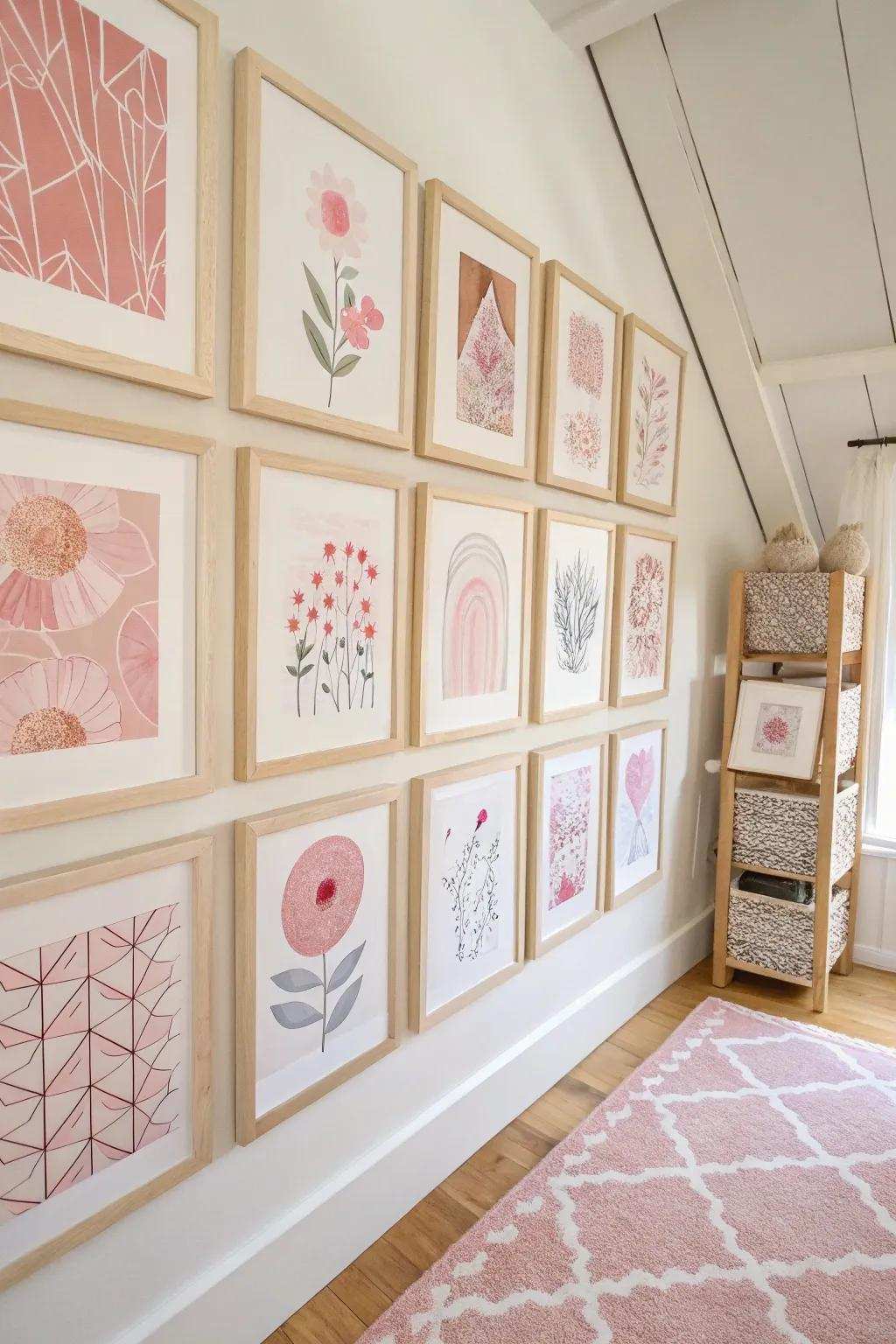 Enhance your crafting space with a breathtaking gallery wall featuring rose motifs that unifies minimalist and bohemian esthetics for a dash of imaginative elegance.
