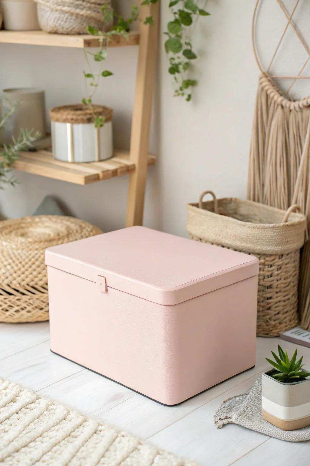 Enhance your crafting space with elegant rose-tinted organizing solutions that fuse Scandinavian minimalism with a hint of Boho appeal.