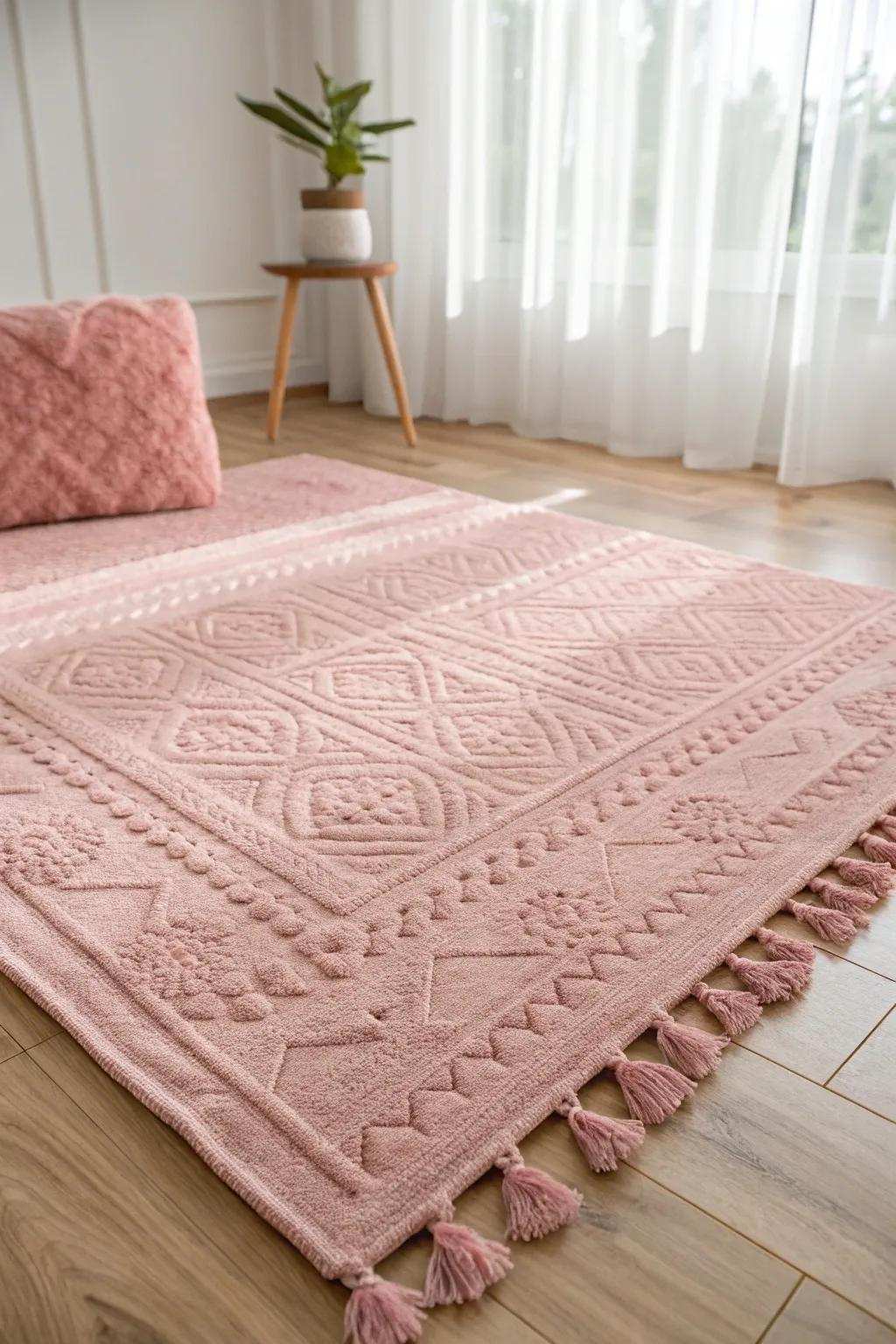 Enhance your crafting space with the flawless fusion of aesthetic and relaxation—explore the allure of an embossed rose-tinted floor covering.
