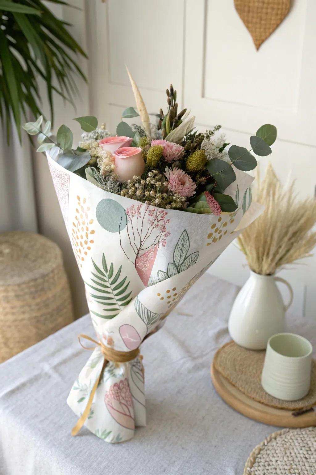 Enhance your floral gifts through artistically crafted paper presentation, where flair encounters simplicity.