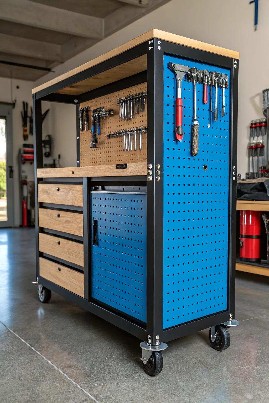 Enhance your garage's organization through a striking mobile pegboard trolley, blending craftsmanship with practical design perfectly.