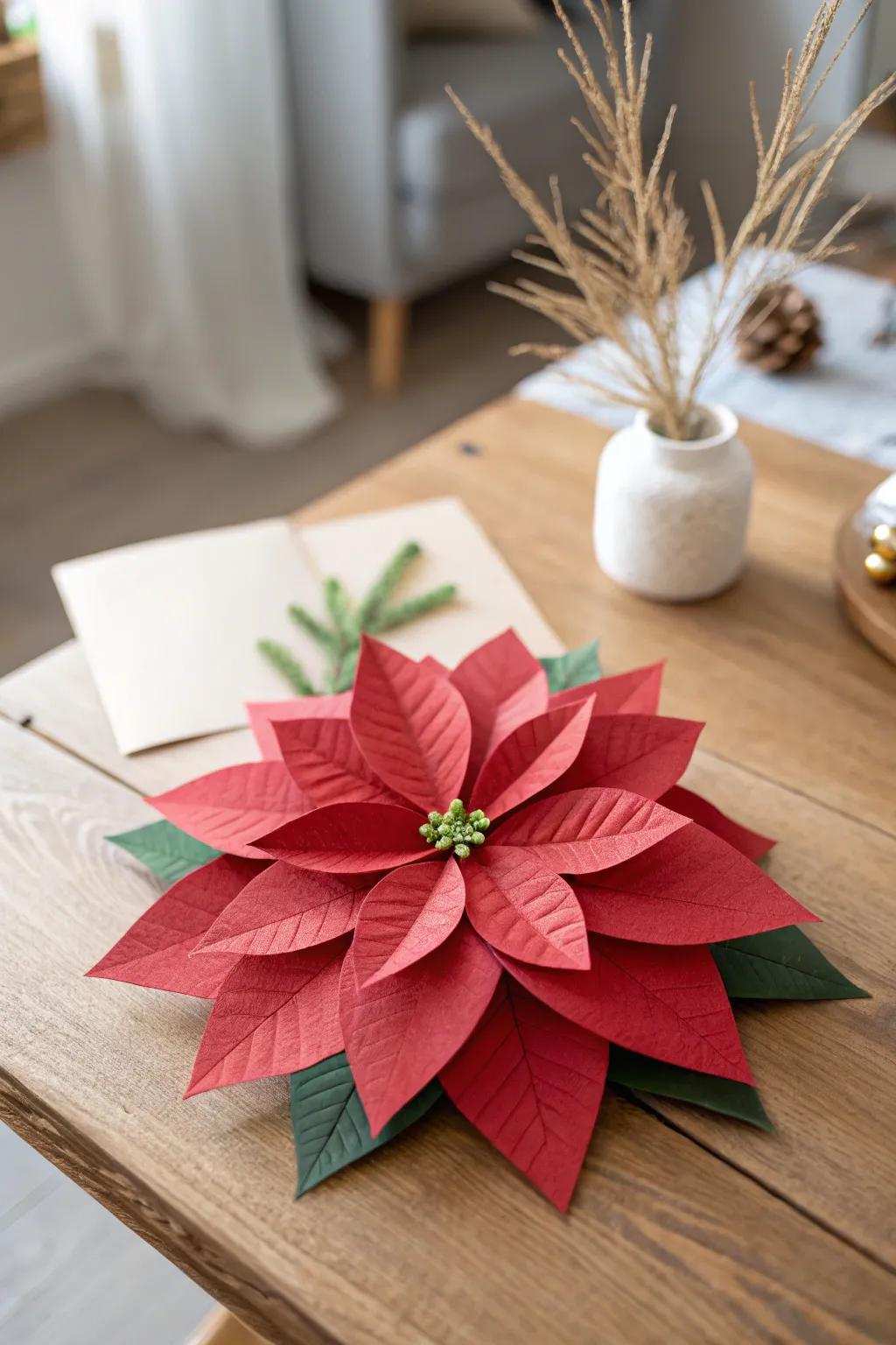 Enhance your holiday decorations with handmade paper poinsettias, where effortlessness meets natural beauty.