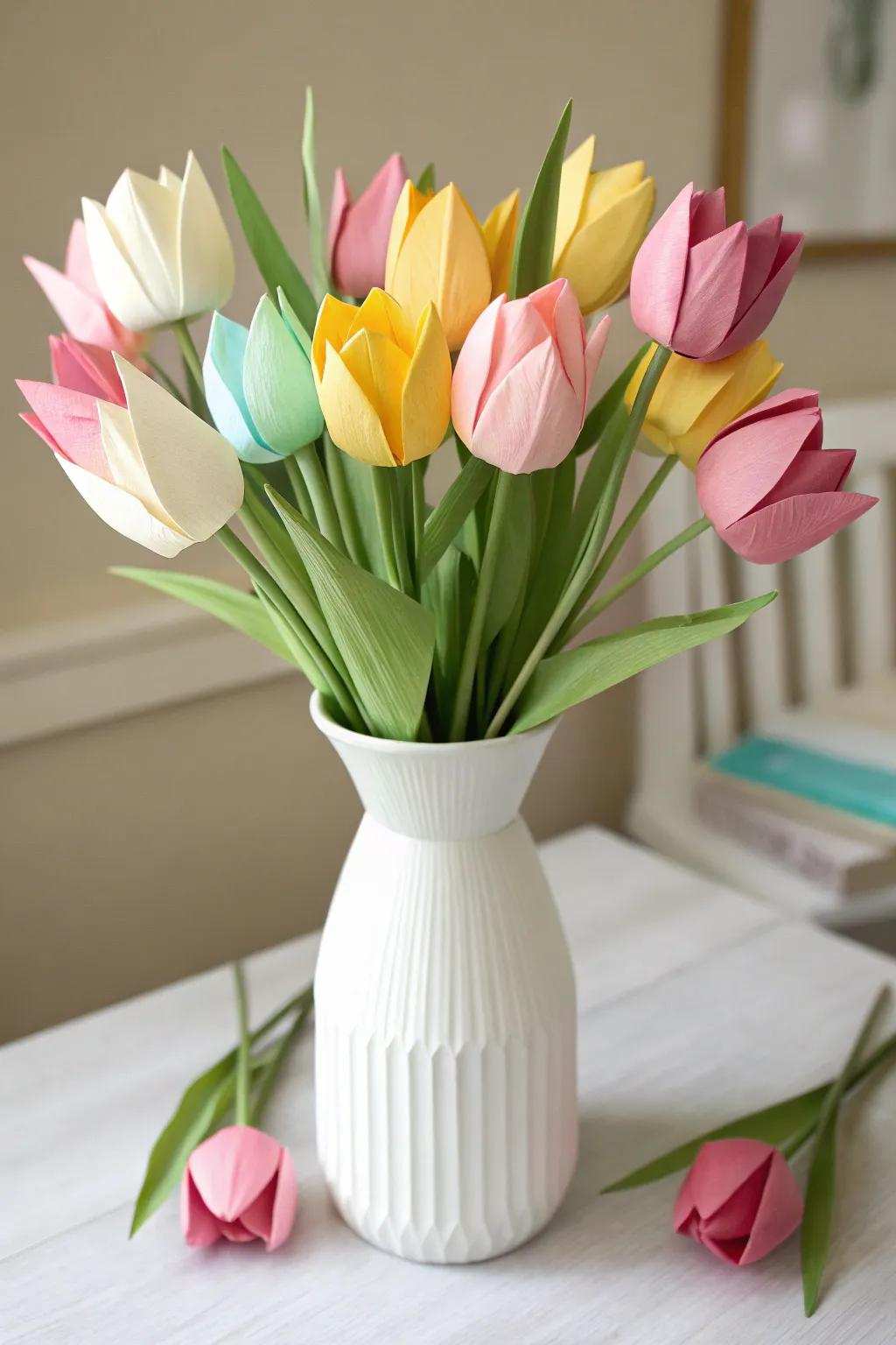 Enhance your space with a handcrafted floral paper arrangement, where the colors of spring meet minimalist aesthetics.
