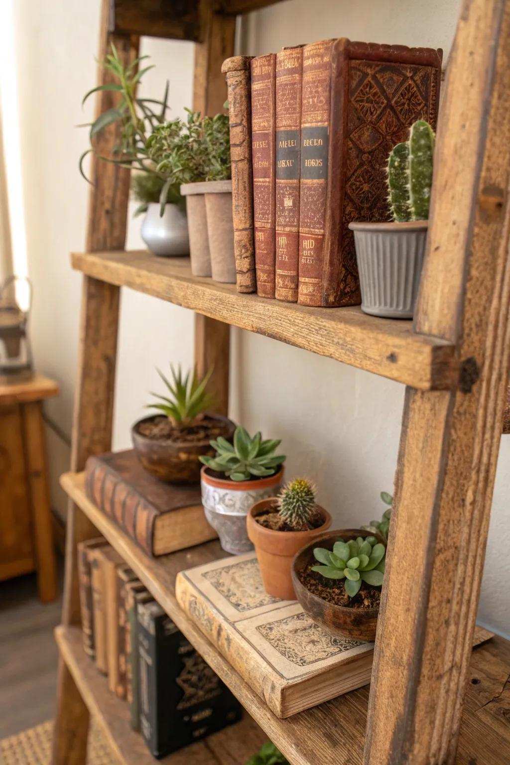 Enhance your space with the enduring beauty of rustic timber shelves.