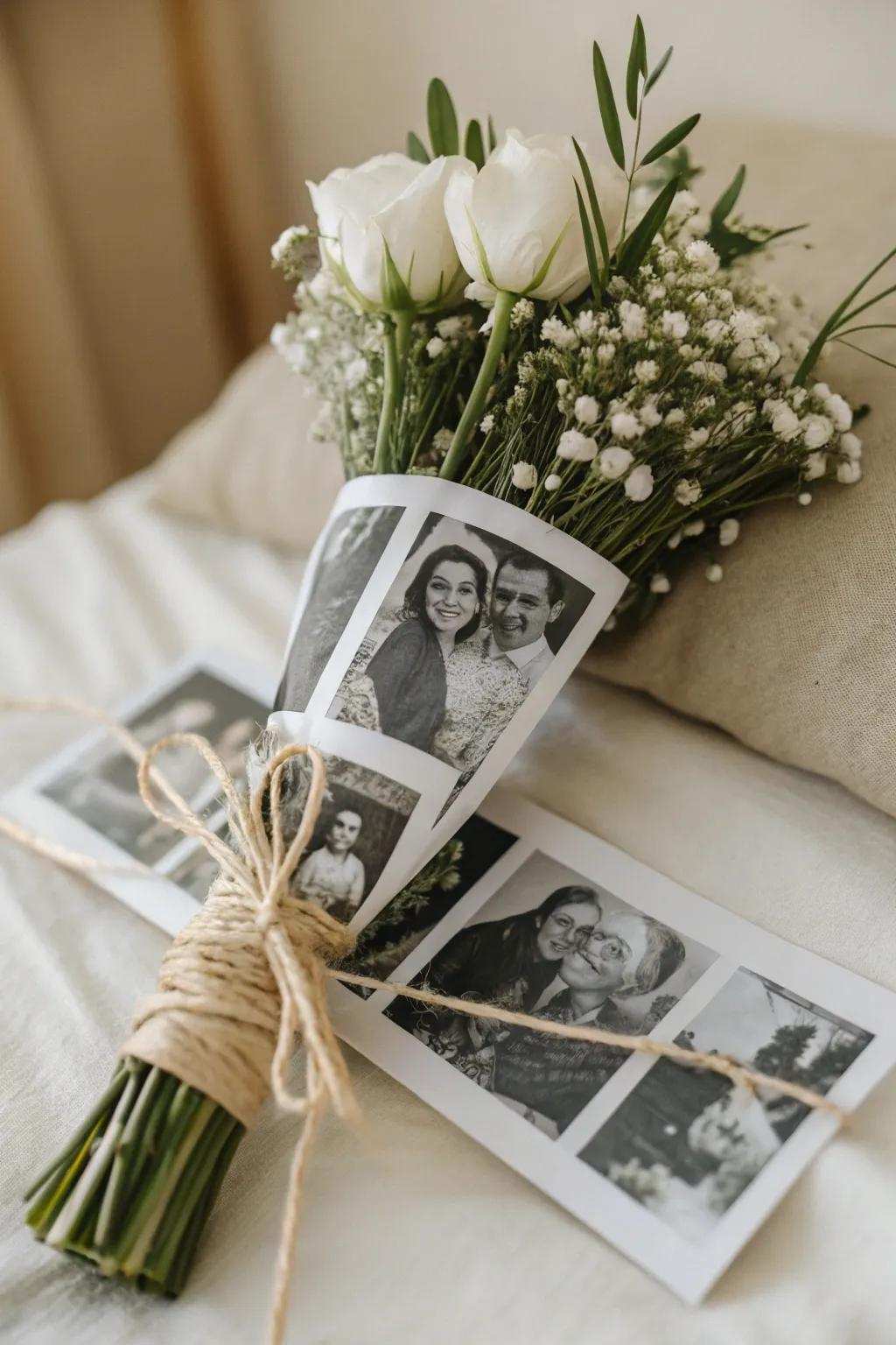 Envelop your memories: A bouquet displayed in treasured moments.
