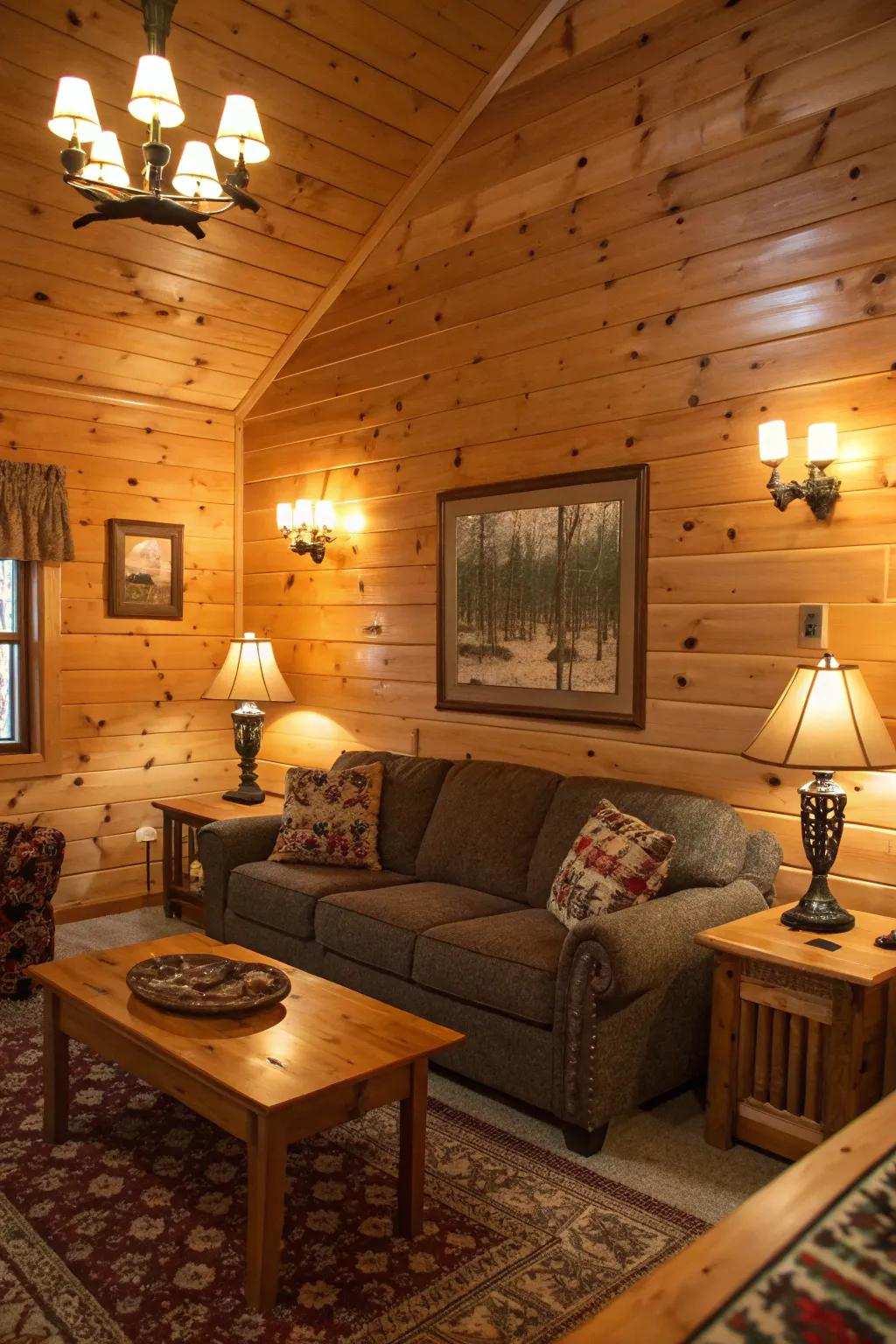 Enveloping light fittings emitting a snug glow across pine cladding walls.
