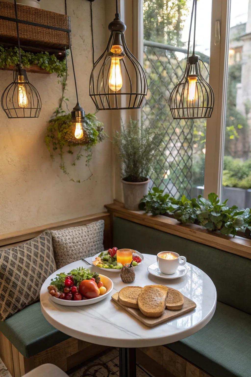 Environmentally-friendly lighting options for a breakfast nook.