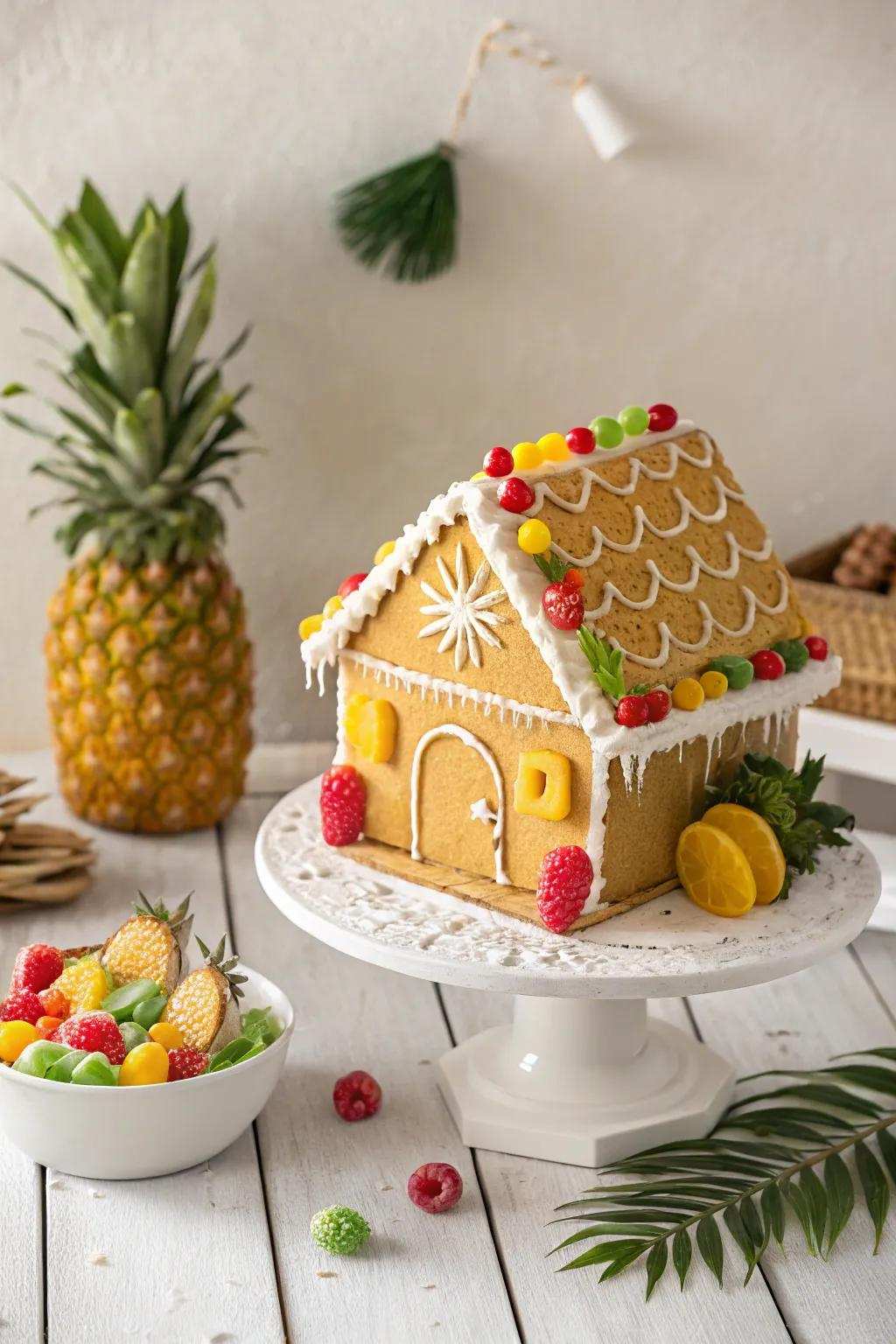 Escape to an equatorial paradise using this vibrant gingerbread house creation. 🌴🍍✨ #EquatorialGingerbread #ScandiBoho