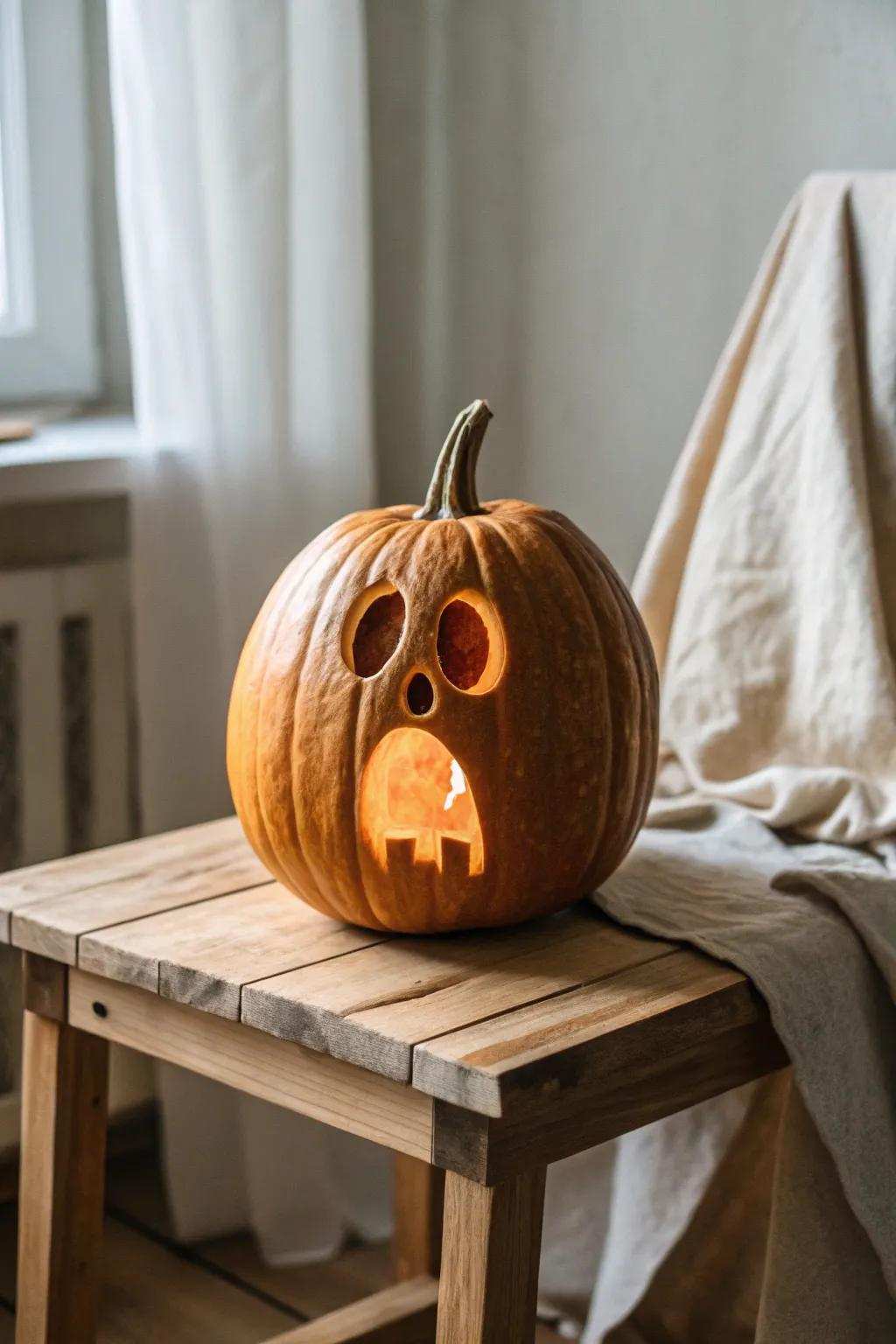Ethereal Shimmer: A simplistic ghostly pumpkin carving that's both eerie and captivating.