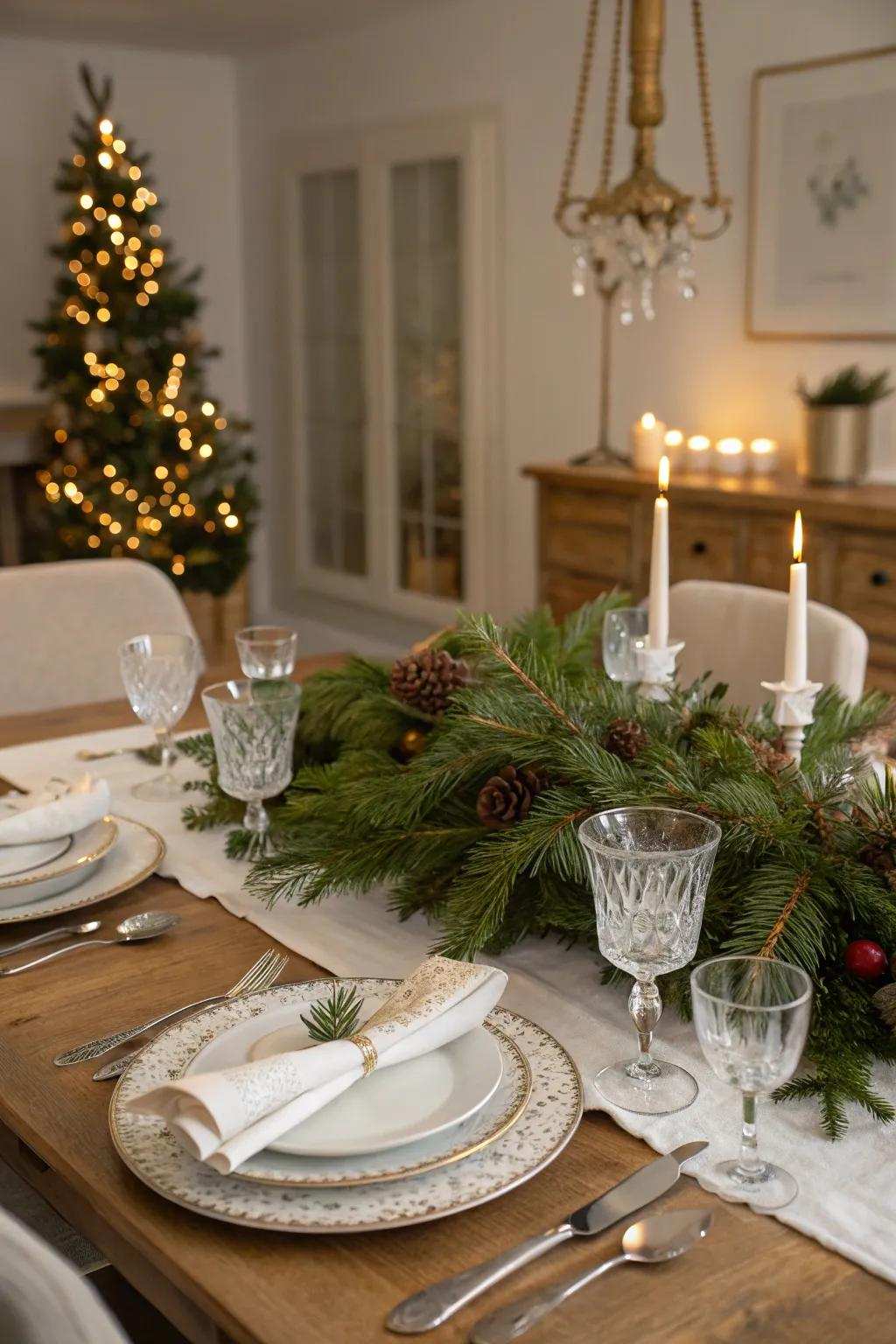 Evergreen sprigs are the key to a festive tablescape.