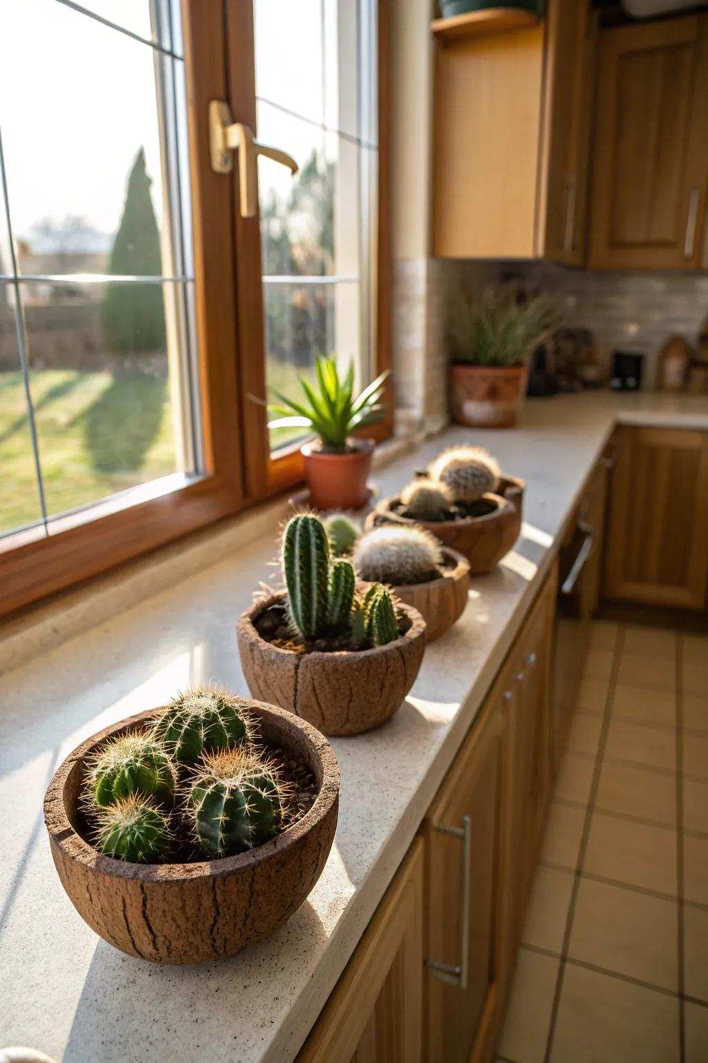 Excavated tropical fruit pods contribute a tropical accent to your cactus décor.