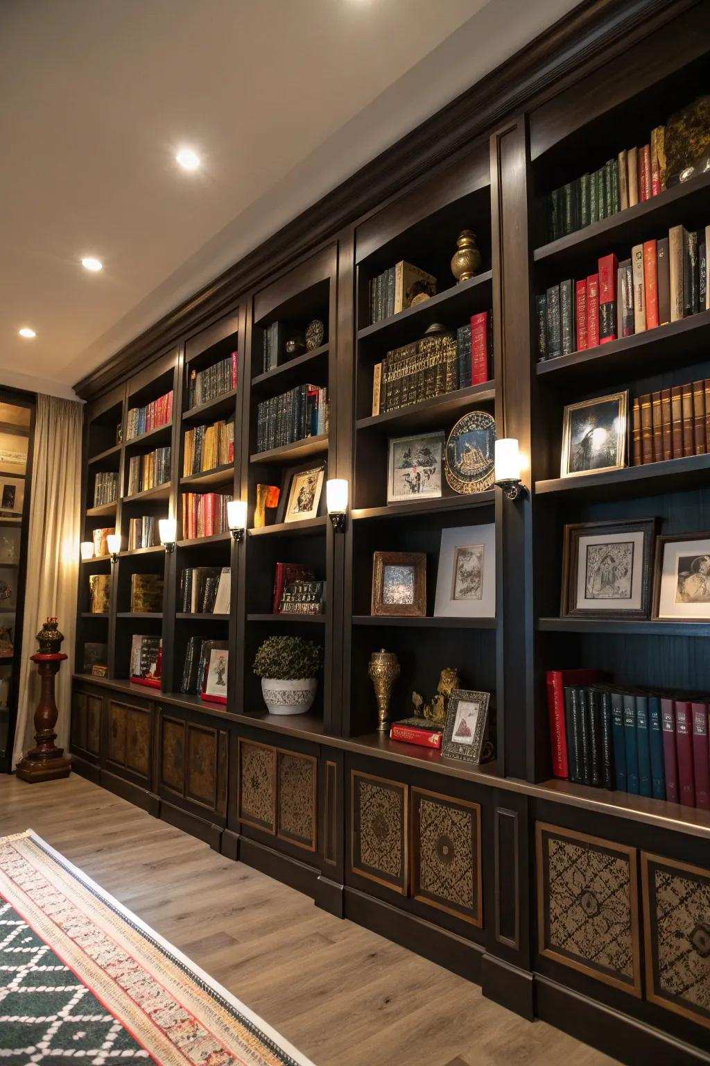 Expansive shelving units for a dramatic presentation.