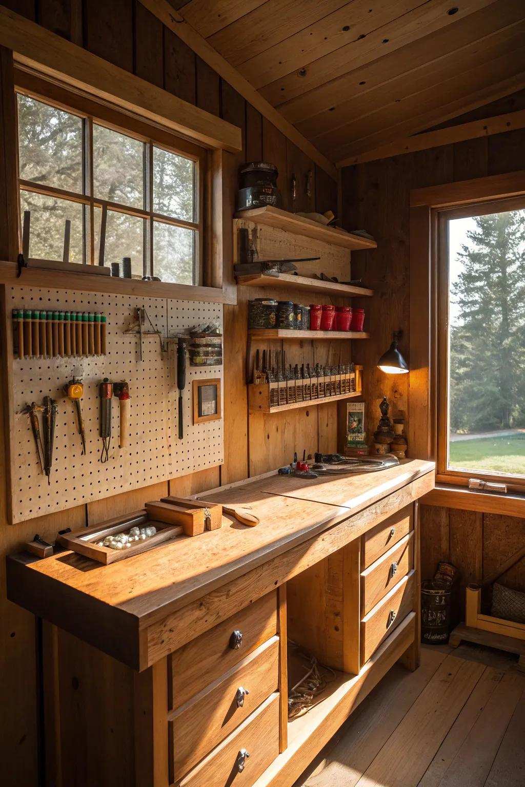Experience the inviting warmth of a sunlit corner workbench, where artisanal skill harmonizes with imaginative design.