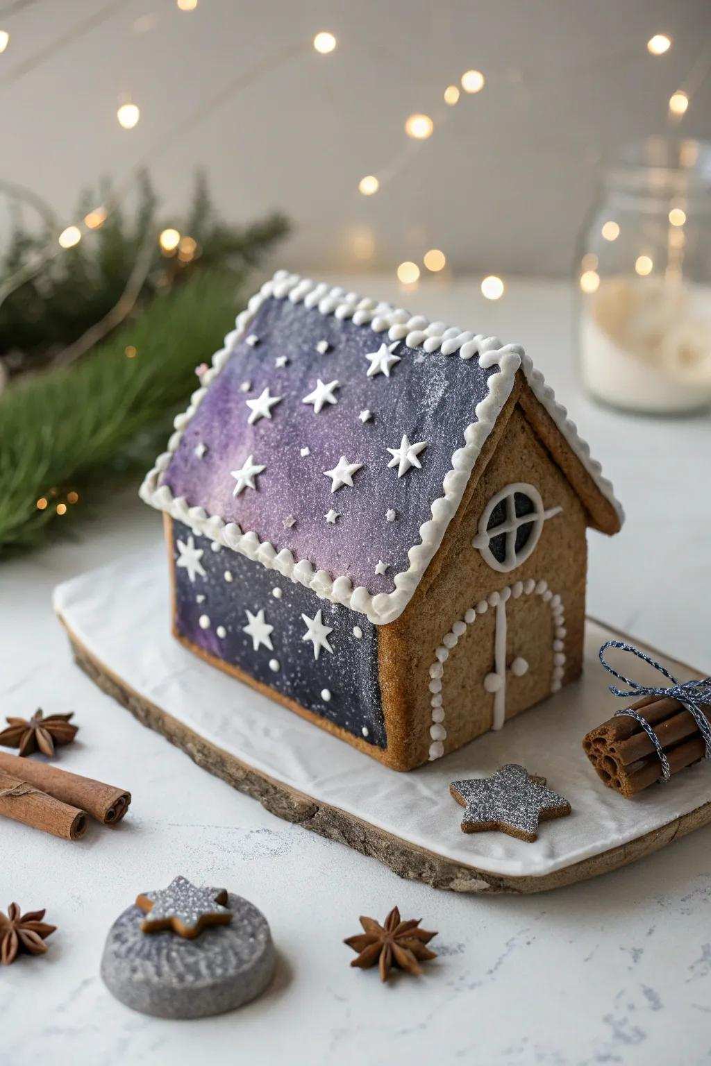 Explore the cosmos using this stunning outer space-themed gingerbread house, where minimalist design encounters celestial wonder.