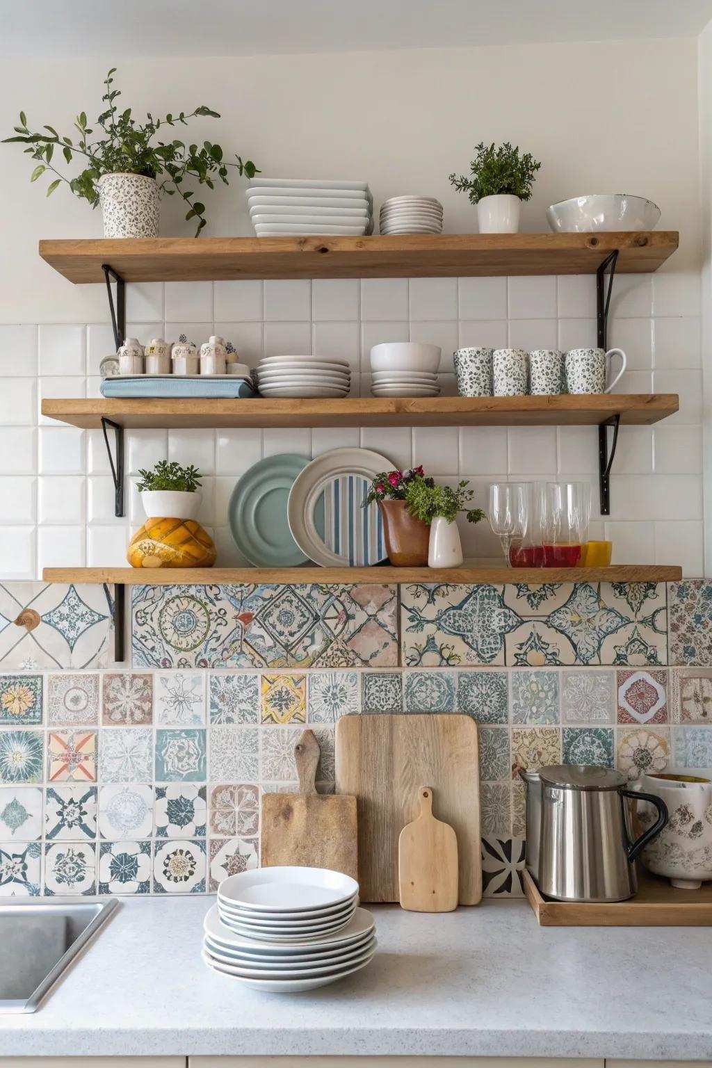 Exposed racks set against stylish tiles cultivate an accessible and airy kitchen setting.