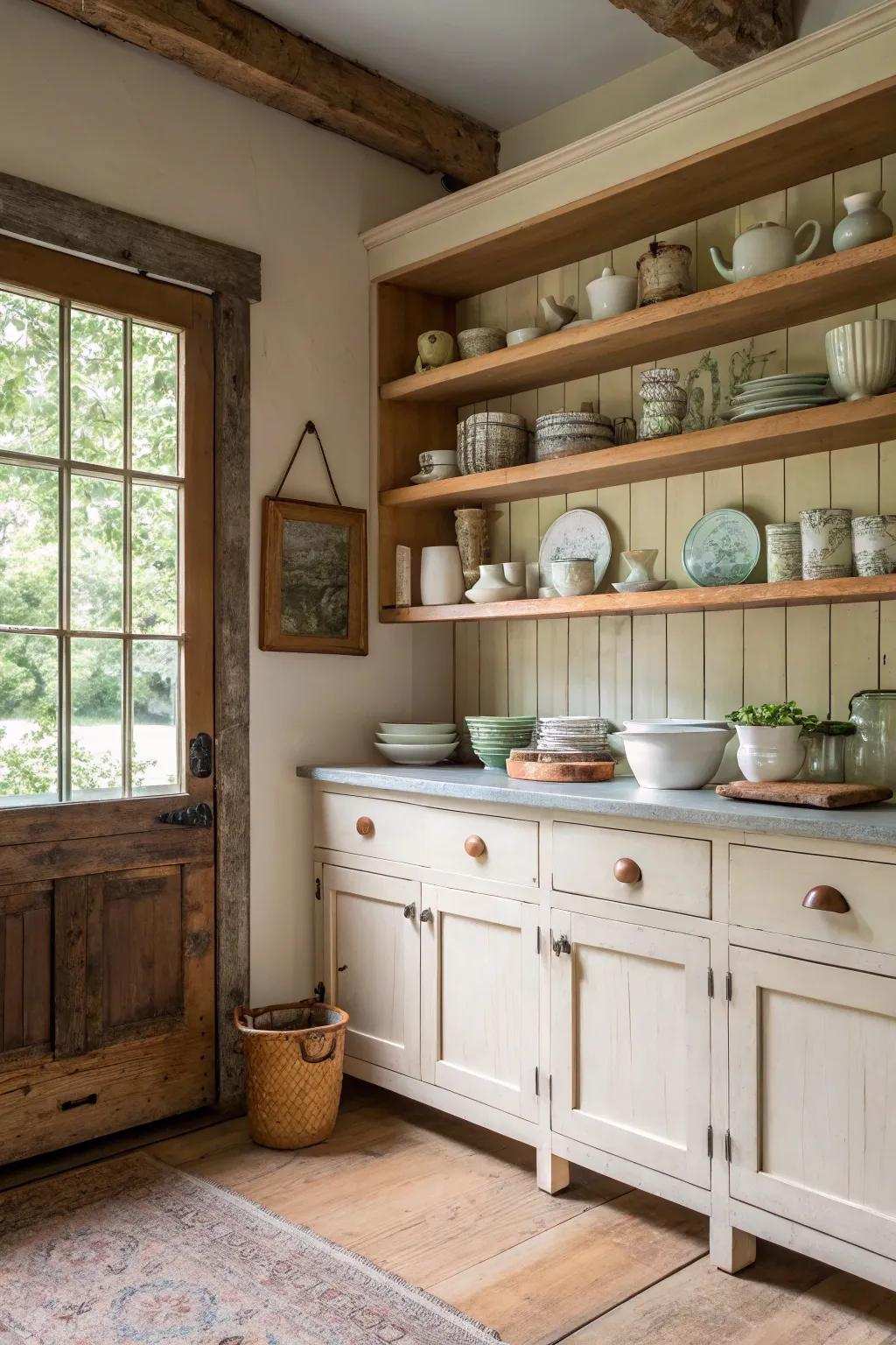 Exposed shelving units put your kitchenware on display while improving the farmhouse aesthetic.