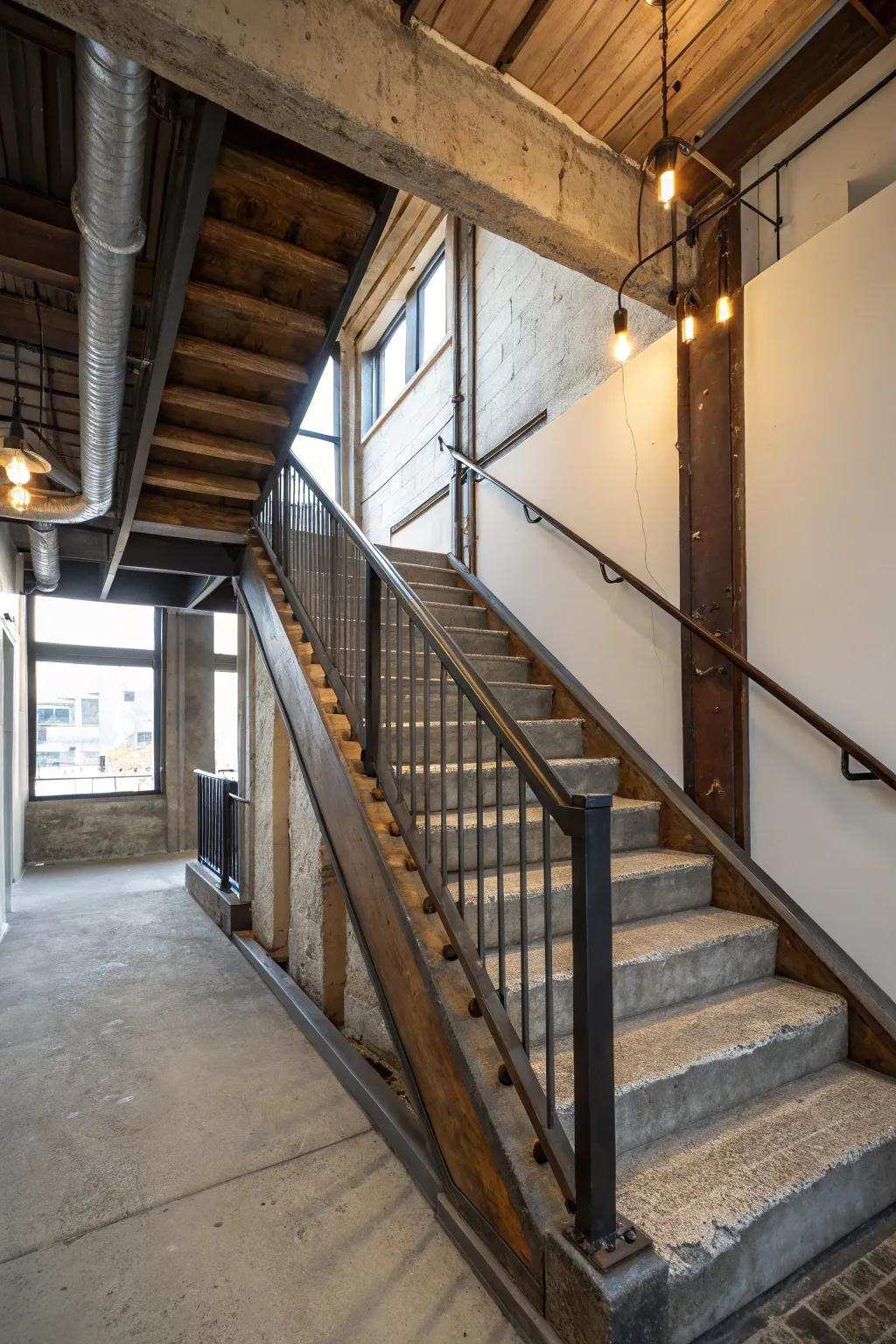 Exposed steel and concrete provide this stairway a factory edge.