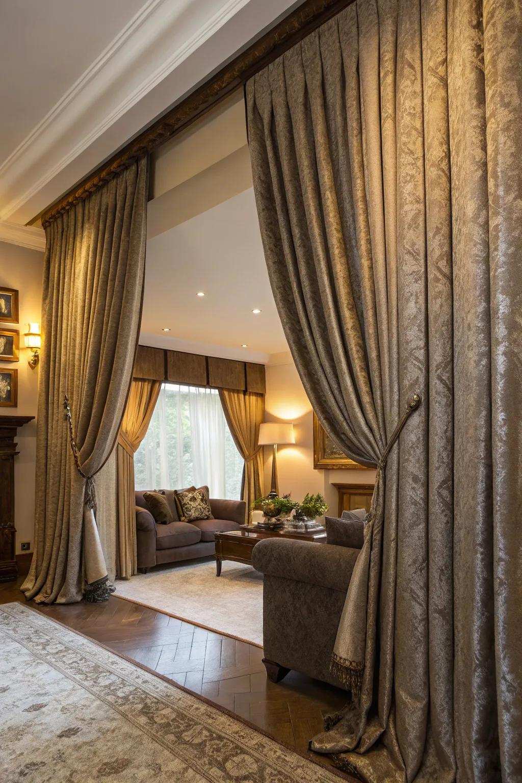 Extensive window coverings contribute theatrics and comfort.