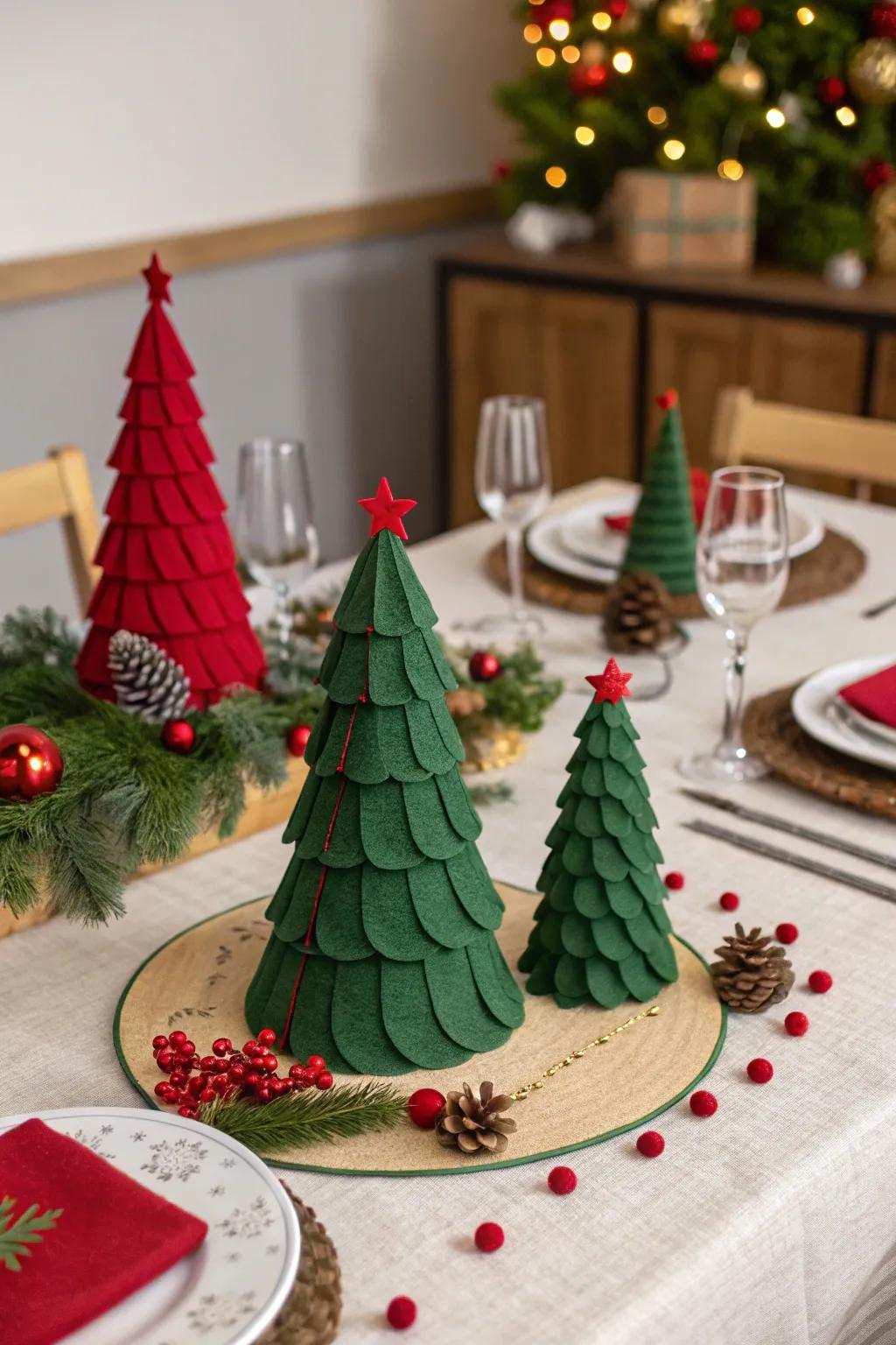 Fabric trees bring a playful, handmade feel to the table.