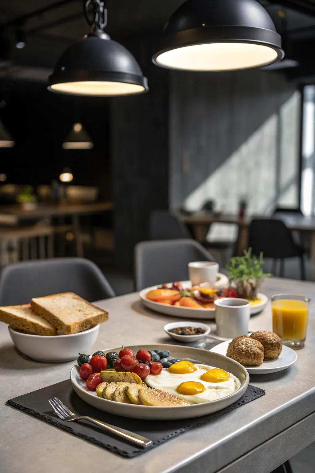 Factory-inspired illumination contributing a modern sharpness to a breakfast table.