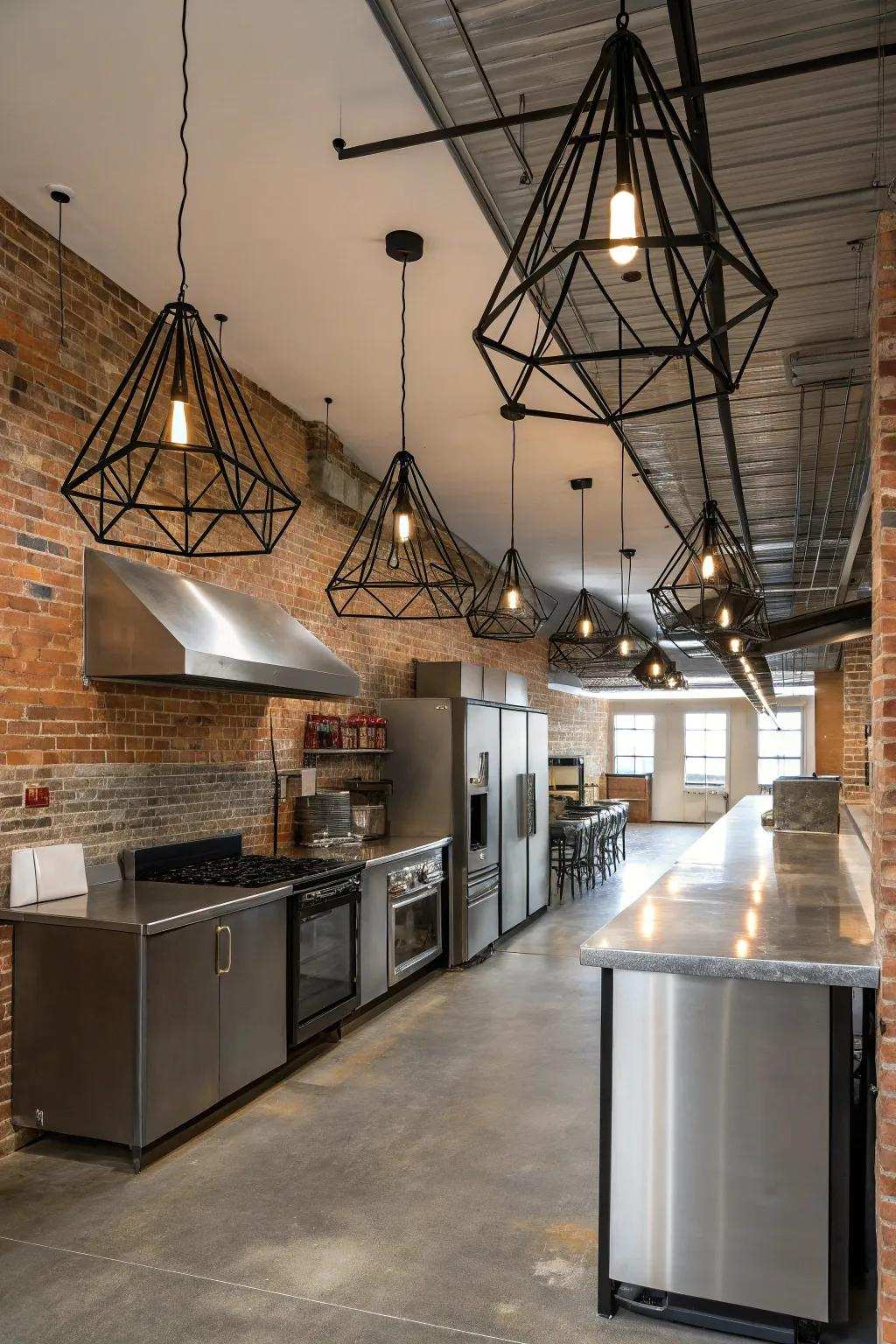 Factory-inspired metallic elements introduce geometrical flair to your kitchen.